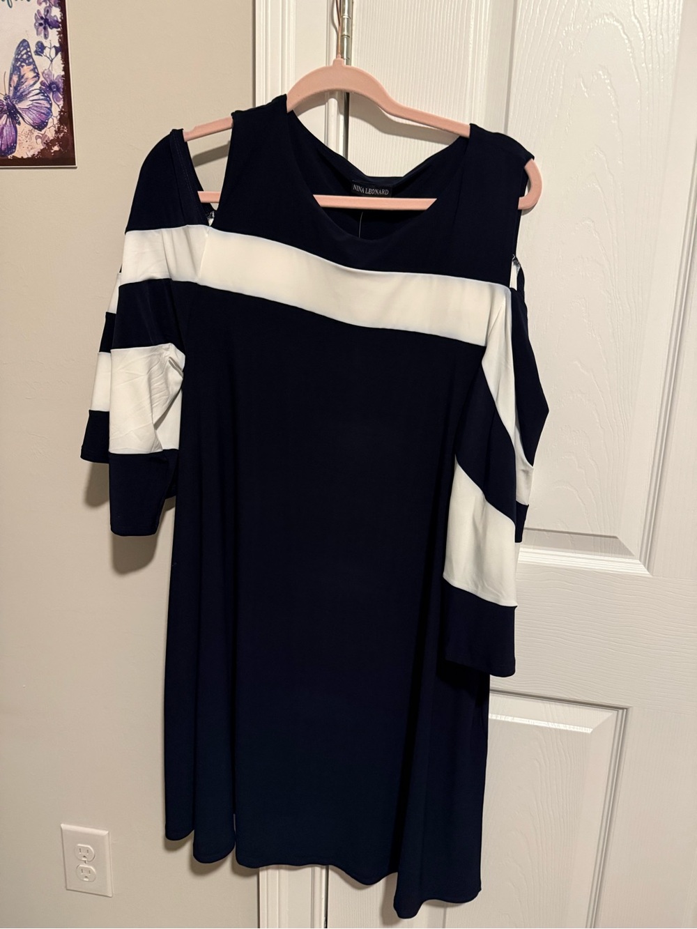 Nina Leonard Navy and White Cold-Shoulder A-Line Dress